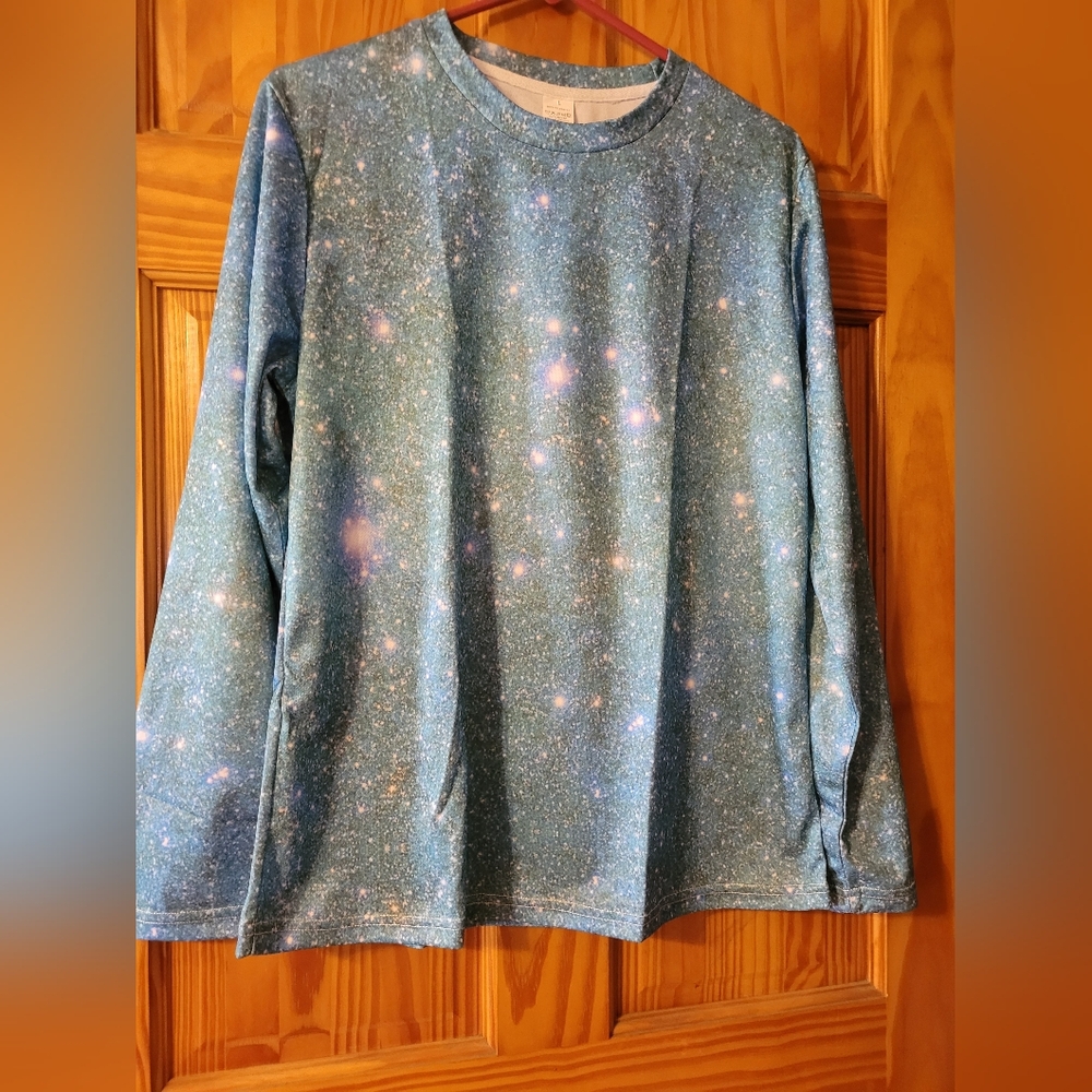Galaxy Print Long Sleeve Tee - Blue With White Star Burst (C03)